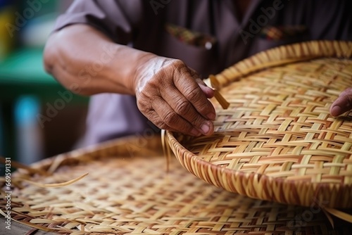 Woman weaving wicker basket indoors. AI Generated