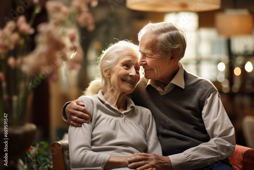 Romantic loving elderly couple at home