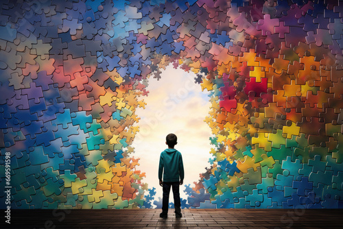 Boy standing in front of rainbow colored puzzle wall