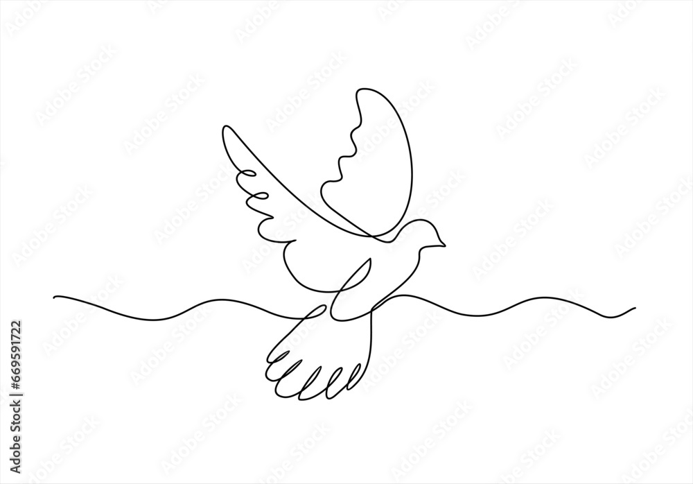 Naklejka premium Continuous one line drawing of flying pigeon or gove. Bird symbol of peace and freedom in simple linear style. Concept for logo, card, banner, poster