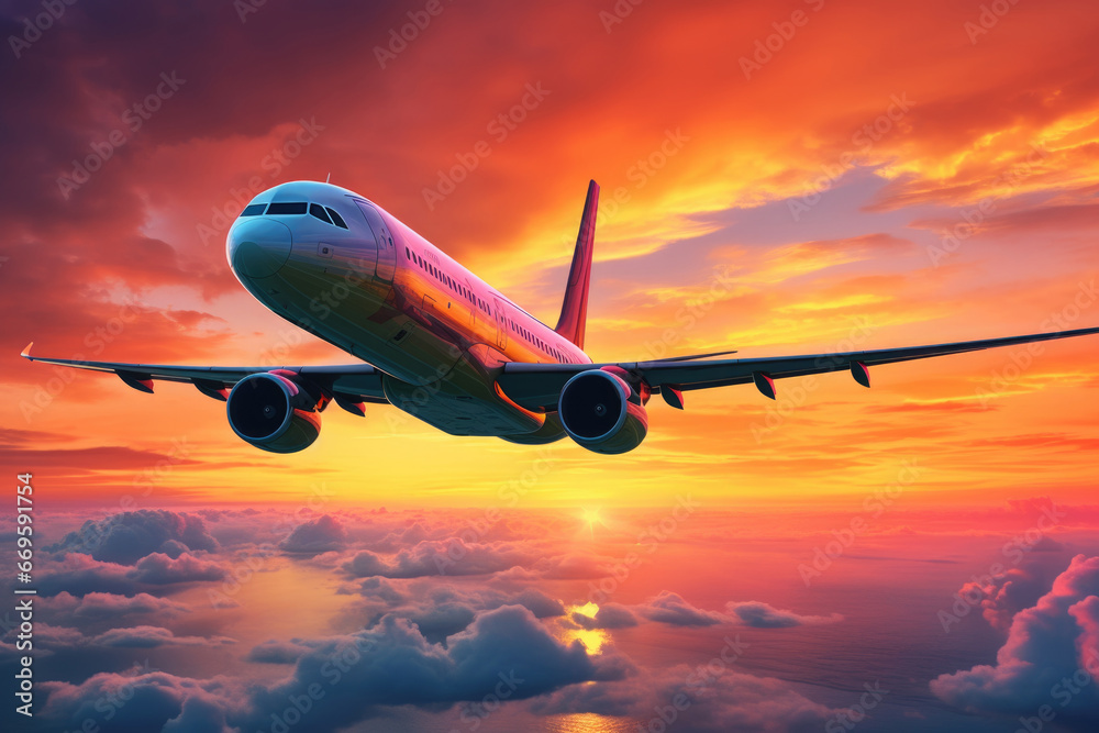 Commercial airplane taking off into colorful sky at sunset or sunrise