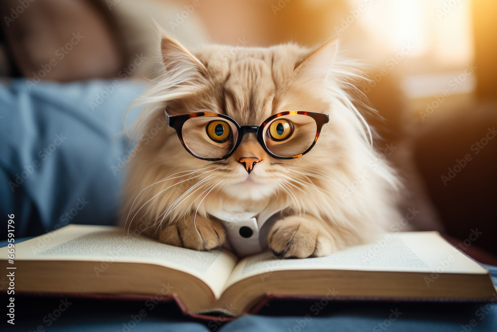 Intelligent fluffy cat in glasses reading book Intelligent fluffy cat in glasses reading book