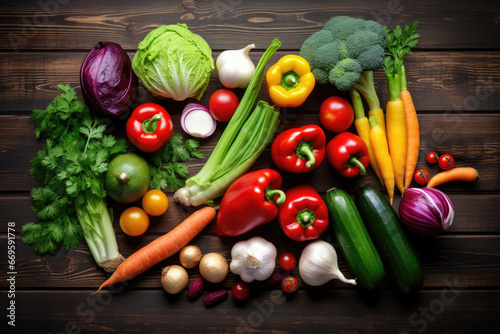 Delicious organic vegetables on a wooden background