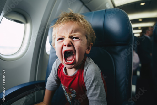 Unhappy toddler boy having a temper tantrum while travelling by plane