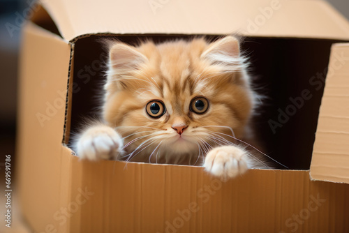 Adorable red cat hiding in cardboard box