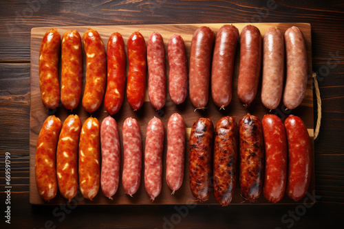 Different types of tasty sausages on wooden table