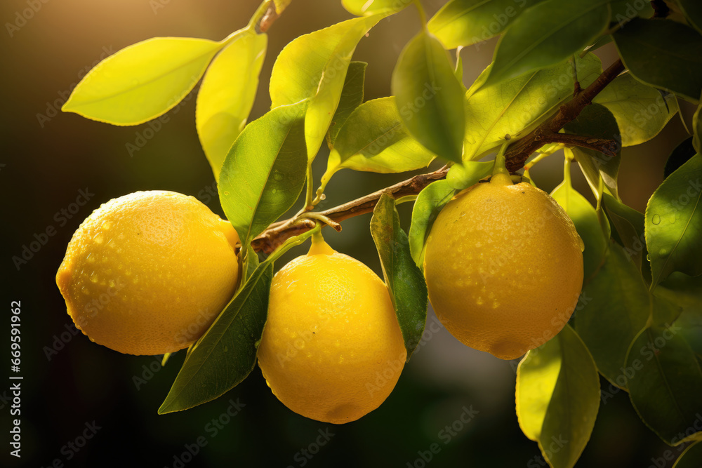 Lemon tree branches with ripe fruits outdoors