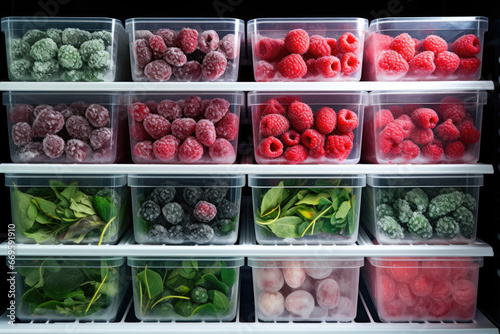 Plastic containers with different frozen fruits and vegetables inside freezer photo