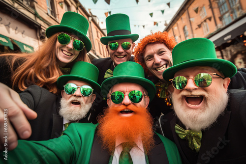 Happy people in St Patrick's Day outfits with beer taking selfie outdoors photo