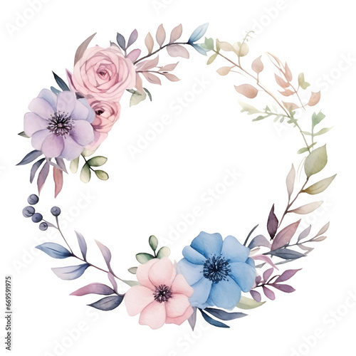 Watercolor wreath with flowers and leaves isolated on transparent background Generative AI