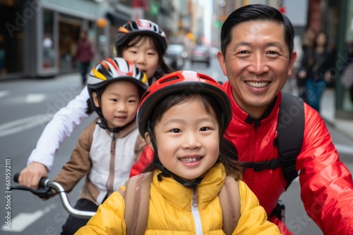 Happy and cheerful asian family enjoying outdoor bikes activity on the streets of the city .