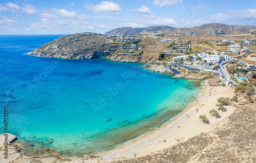 Landscape with Agia Anna beach, Mykonos island, Greece Cyclades