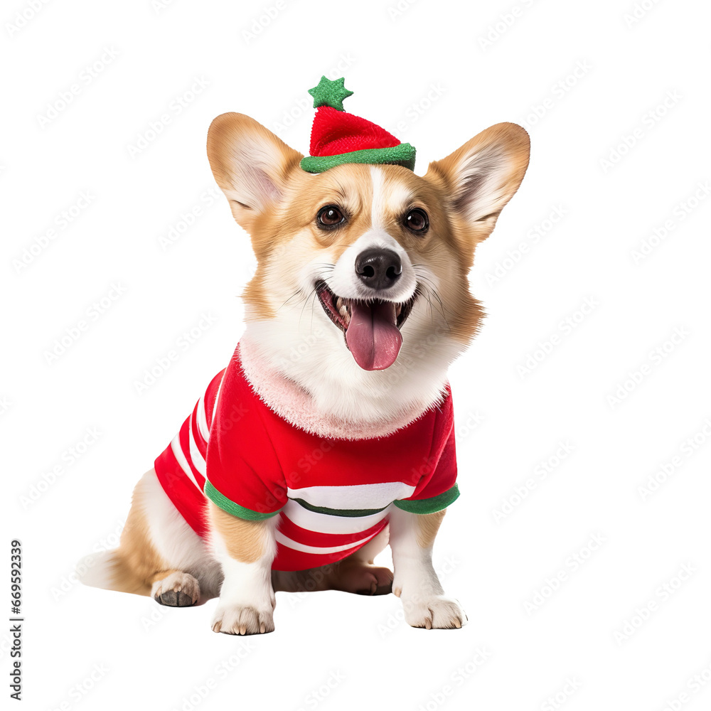 welsh corgie dog puppy wearing santa claus costume hat
