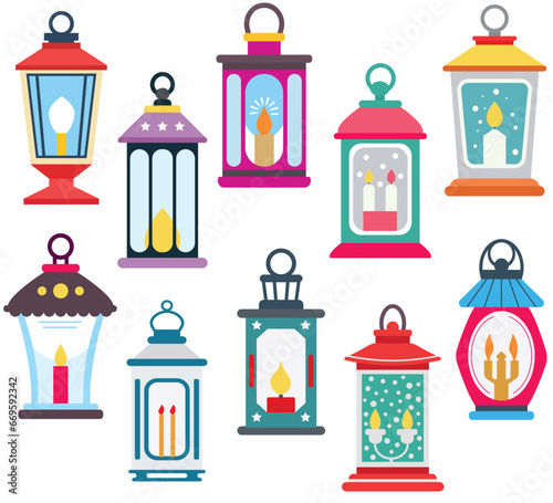 Set of vintage lanterns. Clipart holiday lanterns. Decorative elements for invitations and cards. Vintage carving lamps. 