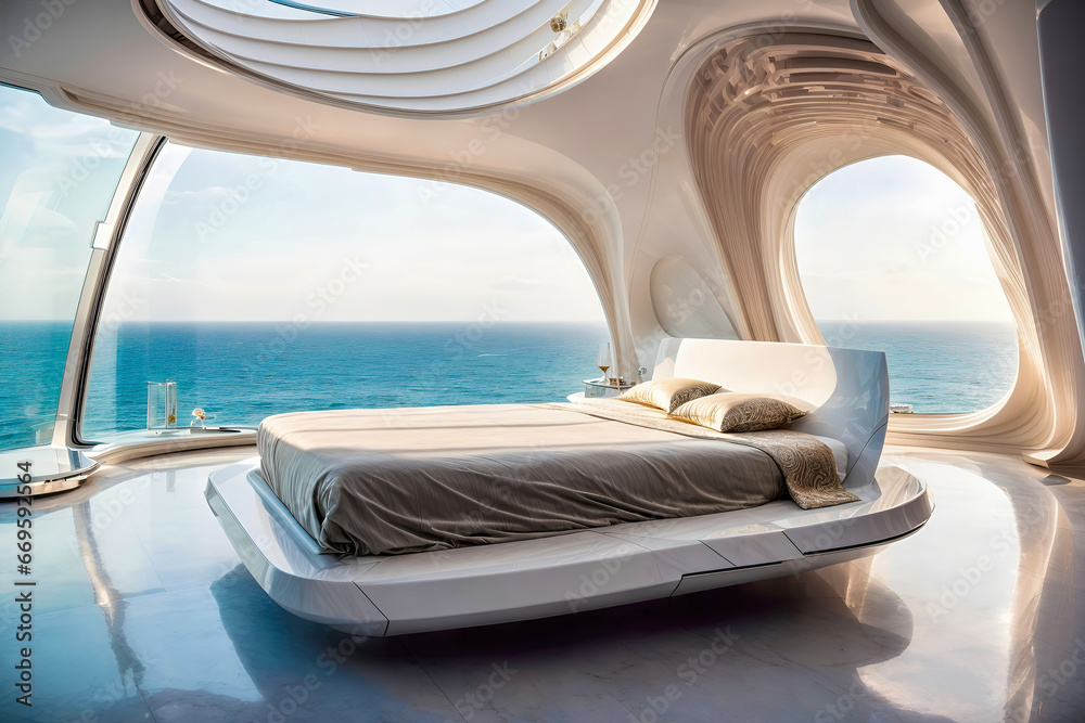 The interior of the hotel with a large window and sea view The interior of the hotel with a large window and sea view