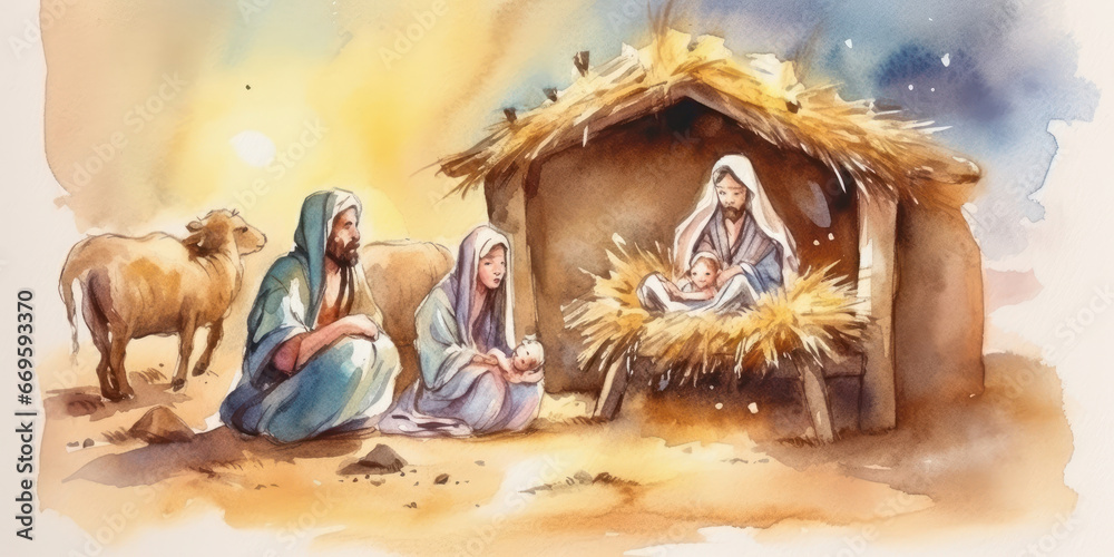 Fototapeta premium Watercolor painting of a scene from the nativity of Jesus. Generative AI.