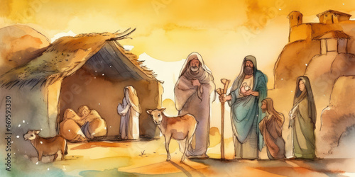 Watercolor painting of a scene from the nativity of Jesus. Generative AI.