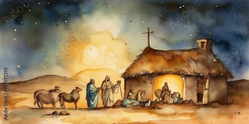 Fotografia, Obraz Watercolor painting of a scene from the nativity of Jesus