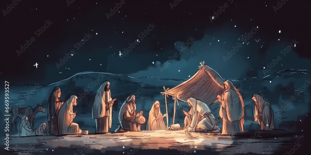 Watercolor painting of a scene from the nativity of Jesus. Generative AI. - obrazy, fototapety, plakaty 