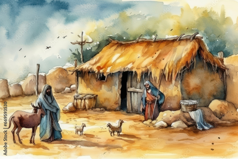 Watercolor painting of a scene from the nativity of Jesus. Generative AI. - obrazy, fototapety, plakaty 