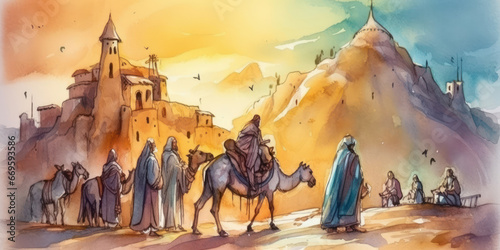 Watercolor painting of a scene from the nativity of Jesus. Generative AI. © Agustin