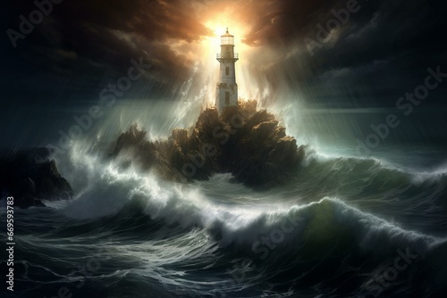 A towering lighthouse casts a powerful beam, illuminating the dark sea. Generative AI