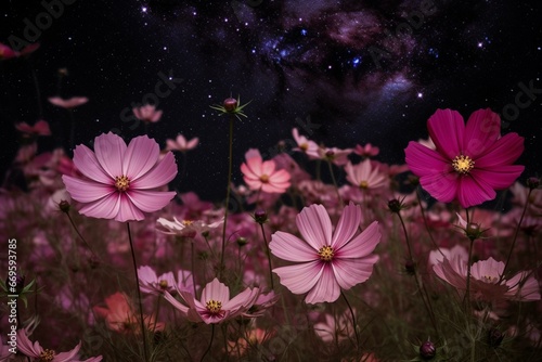 Banner showing vibrant pink and purple night sky filled with cosmos. Generative AI © Isadora