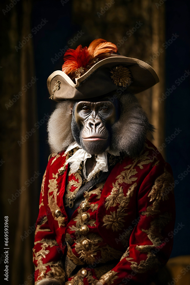 Gorilla in a hat with a feather, in a man's medieval costume of the 18th century