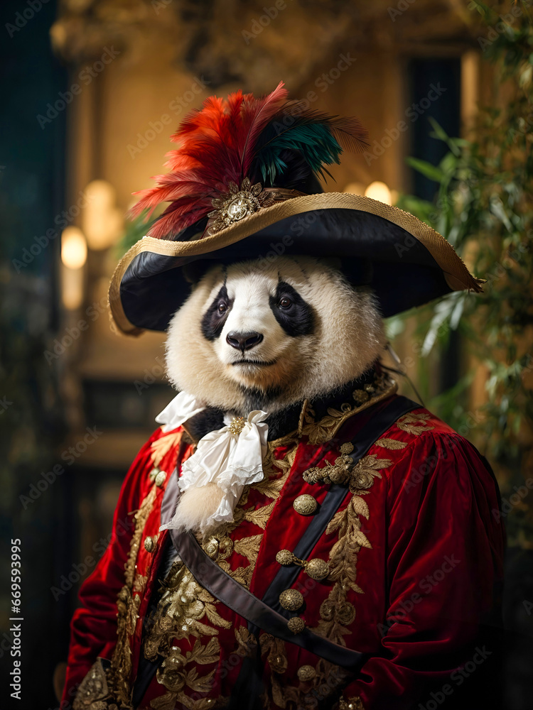 Panda in a hat with a feather, in a men's medieval costume of the 18th century