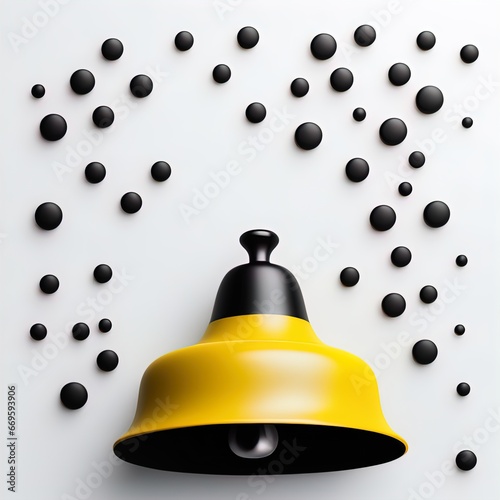 yellow bell with black christmas decoration on grey background.  christmas and new year concept.  flat lay, top viewblack and white round ball with yellow dots photo