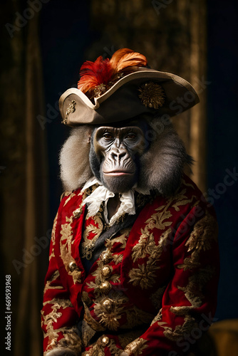 Gorilla in a hat with a feather, in a man's medieval costume of the 18th century