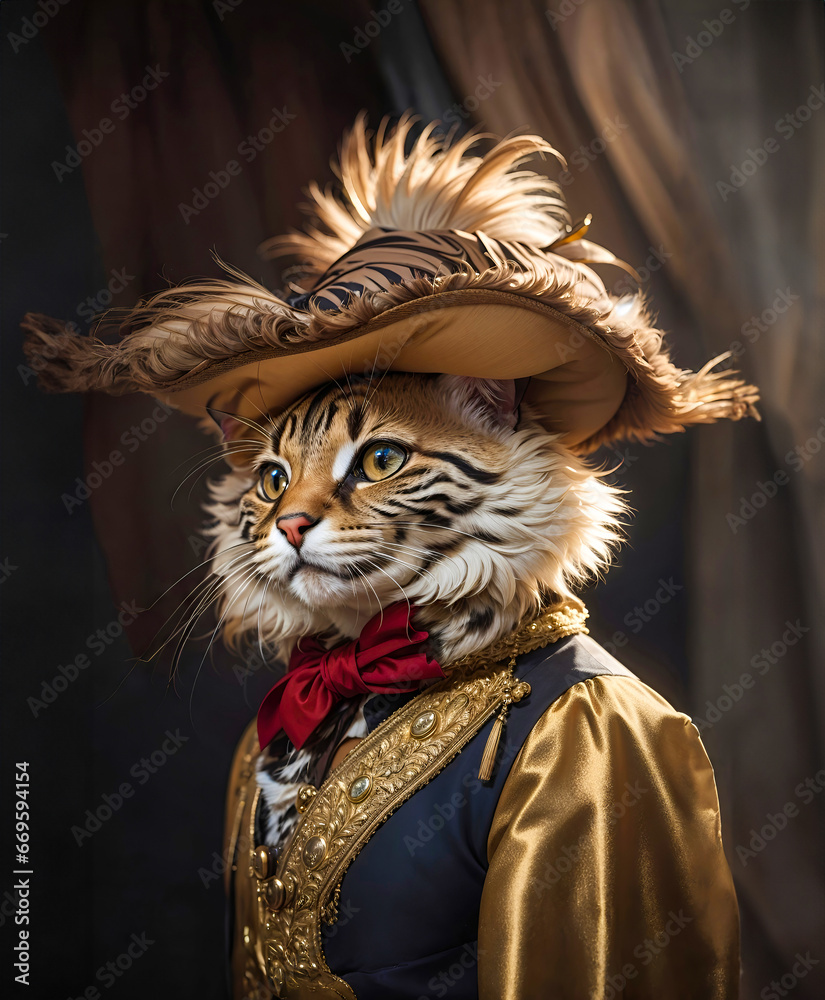 Portrait of a Cat in a hat, in a medieval costume of the 18th century