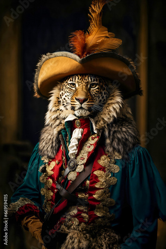 Leopard in a hat, in a men's medieval costume of the 18th century