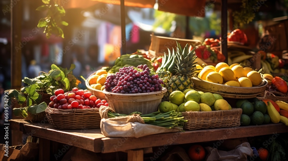 Shopping cart filled with a colorful array of fresh, organic fruit and vegetables in a local market, shop shelves overwhelmed with fresh tropical fruit and vegetables  