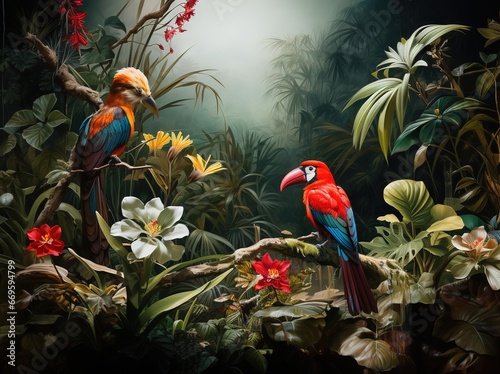 Nostalgic Jungle Beauty  Vibrant Parrots  Birds  and Butterflies in Hand-Painted Mural of Tropical Forest. Vintage Nature s Enduring Charm. Generative AI