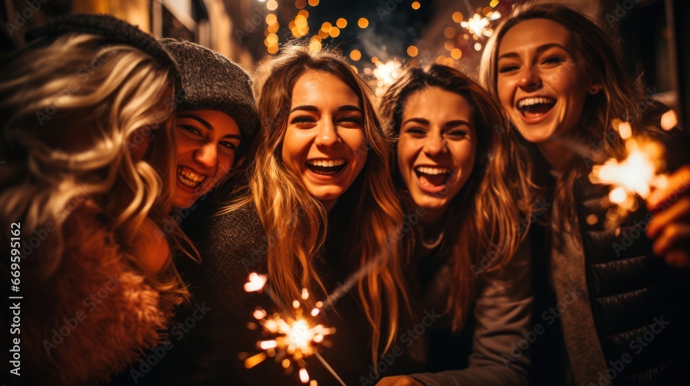 A group of friends celebrates a night with fireworks. New Year's Eve celebration