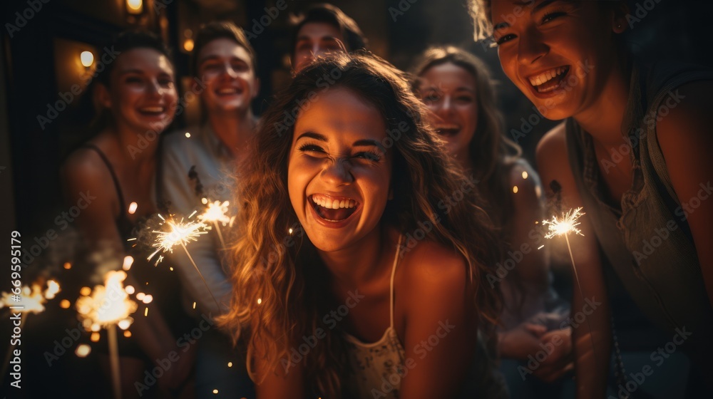 A group of friends celebrates a night with fireworks. New Year's Eve celebration