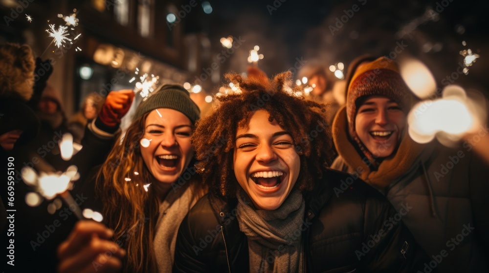 A group of friends celebrates a night with fireworks. New Year's Eve celebration