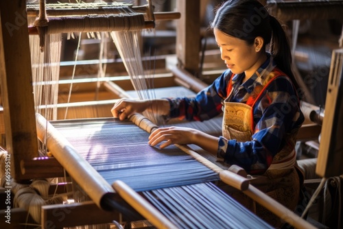 Master weaver is weaving fabric . AI Generated