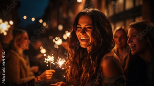 A group of friends celebrates a night with fireworks. New Year's Eve celebration