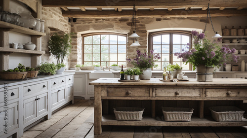 A rustic farmhouse kitchen with exposed wooden beams and a large farmhouse sink.