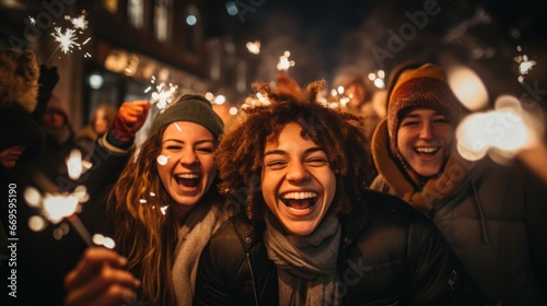 A group of friends celebrates a night with fireworks. New Year's Eve celebration