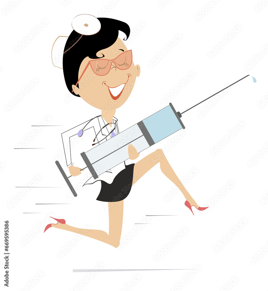 Smiling doctor woman with a big syringe runs to render the medical aid.
Cartoon hurry doctor woman holding a big syringe. Isolated on white background
Smiling doctor woman with a big syringe runs to render the medical aid.
Cartoon hurry doctor woman holding a big syringe. Isolated on white background