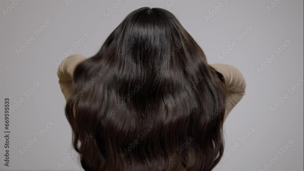 Charming brunette woman shaking her long wavy hair on a light gray background. Back view.