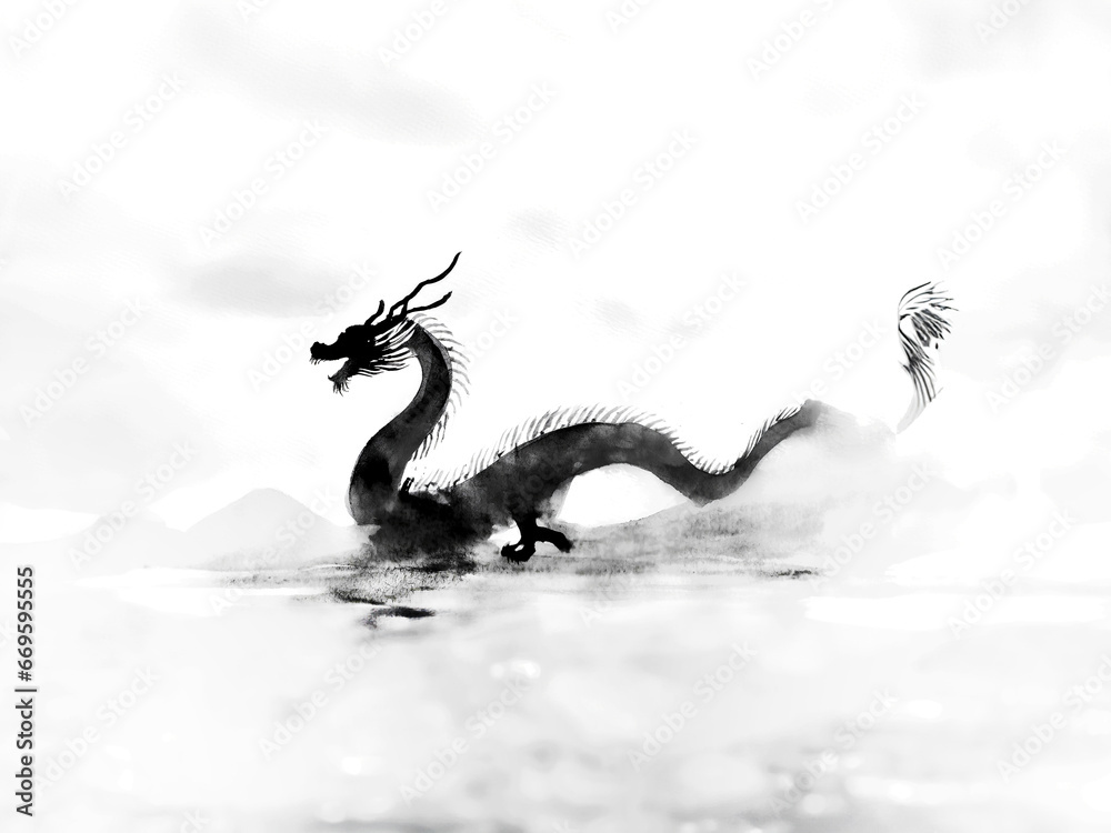 Obraz premium 水墨画で描かれた年賀状の干支 雲の中から現れた辰（龍）