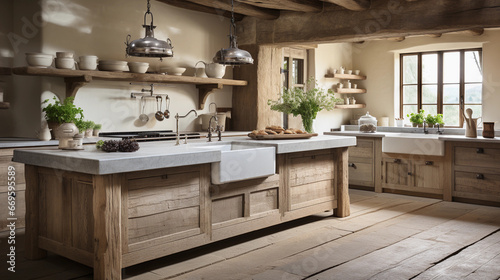 A rustic farmhouse kitchen with exposed wooden beams and a large farmhouse sink.