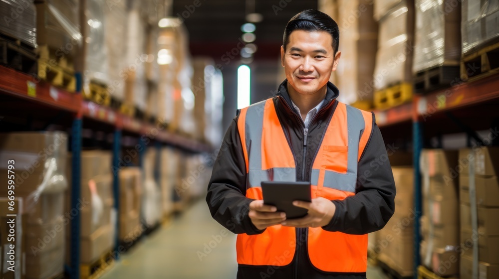 Asian male store worker and tablet working at warehouse distribution Asian male store worker and tablet working at warehouse distribution