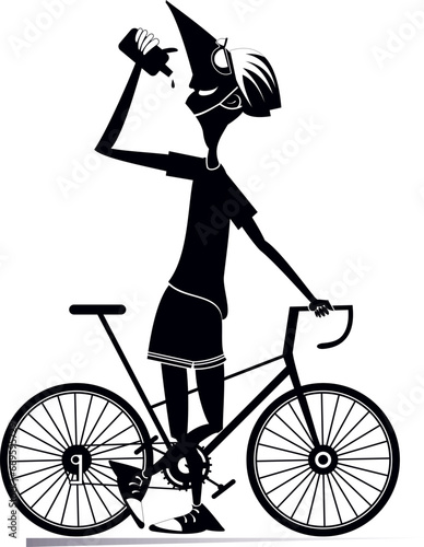 Young man rides a bike. 
Cycling. Cartoon smiling man in helmet drinking water. Black on white illustration
