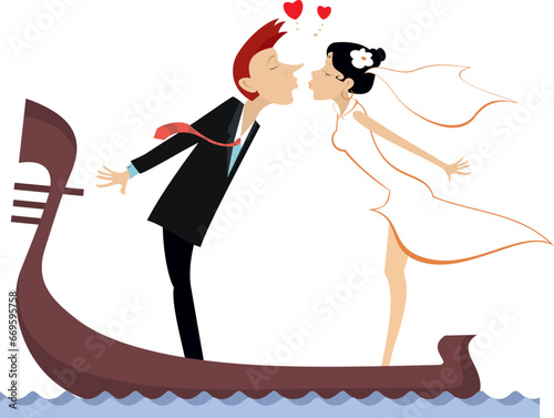 Kissing married wedding couple on gondola. 
Kissing happy man and woman in the white dress and wedding veil ride on gondola. Heart symbol. Isolated on white background
