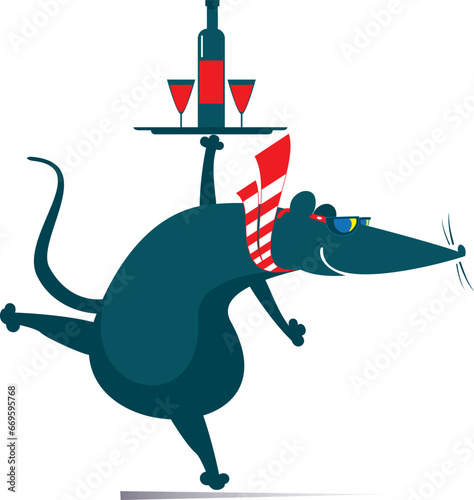 Cute rat or mouse holds a tray with a bottle and glasses. Cartoon rat or mouse holding a tray with alcohol drink and two glasses. Isolated on white background